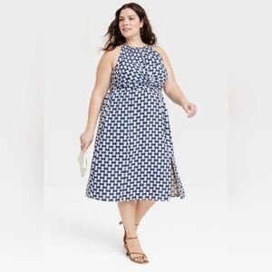 Ava & Viv Blue and White LINEN and RAYON Blend Midi Dress